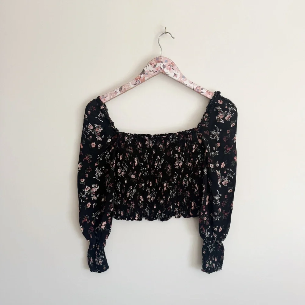 REFORMATION Jolene Smocked Long Sleeve Floral Top Pinto Black Floral XS